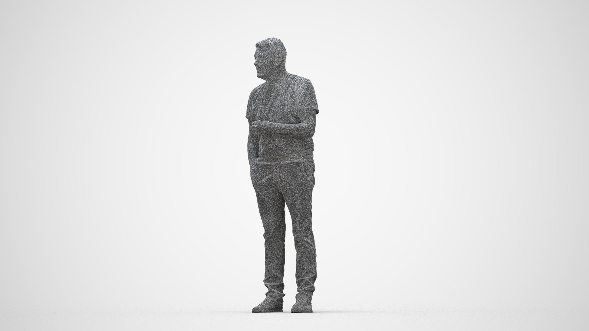 3D human model senior man casual standing, photogrammetry scanned person for archviz, wireframe back view