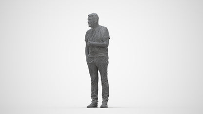 3D human model senior man casual standing, photogrammetry scanned person for archviz, wireframe back view