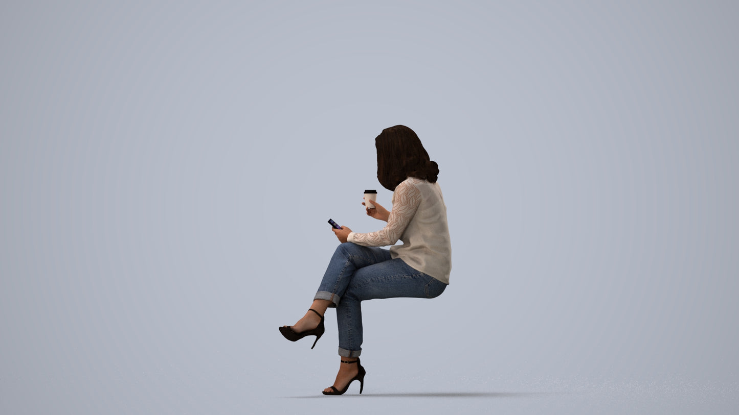 scanned 3D woman casual sitting, photogrammetry people for Enscape and V-Ray, three-quarter view render
