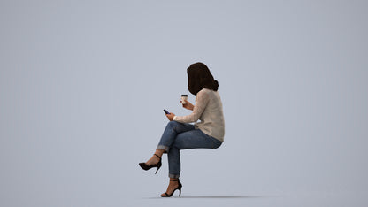scanned 3D woman casual sitting, photogrammetry people for Enscape and V-Ray, three-quarter view render