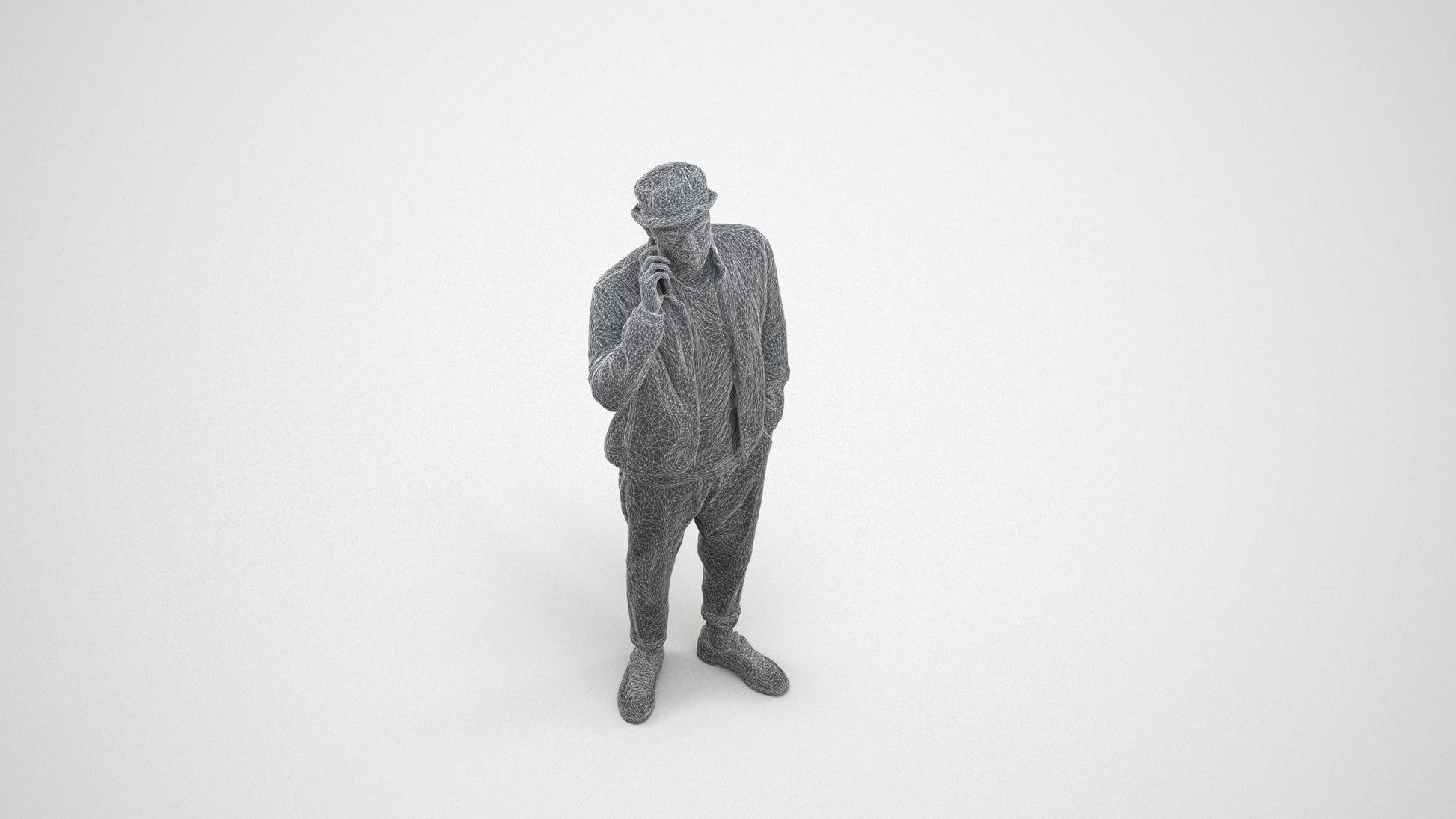 3D scanned man standing casual, photorealistic archviz people for Enscape and SketchUp, wireframe three-quarter view
