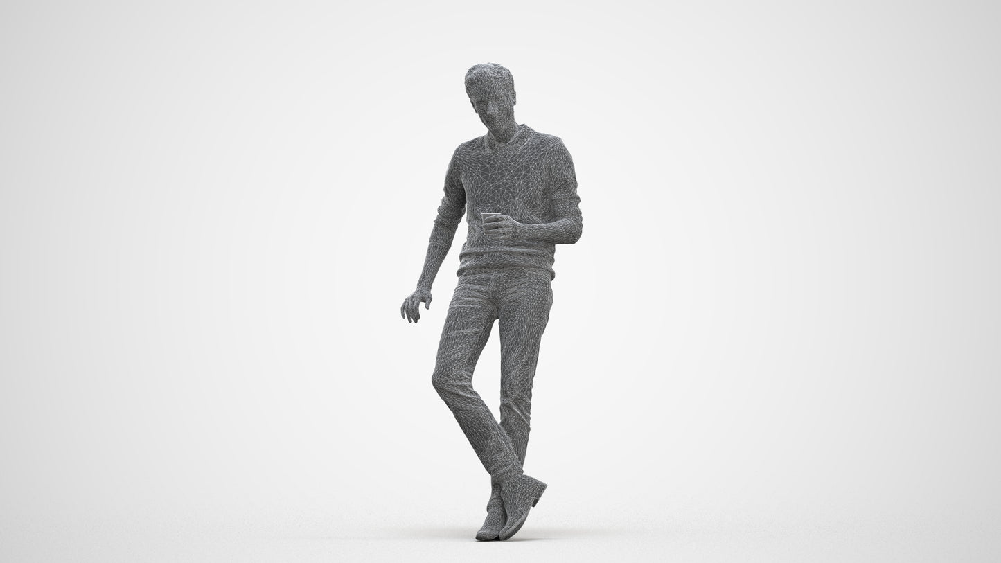 realistic 3D human man casual sitting, archviz people FBX OBJ for Blender, three-quarter front view render