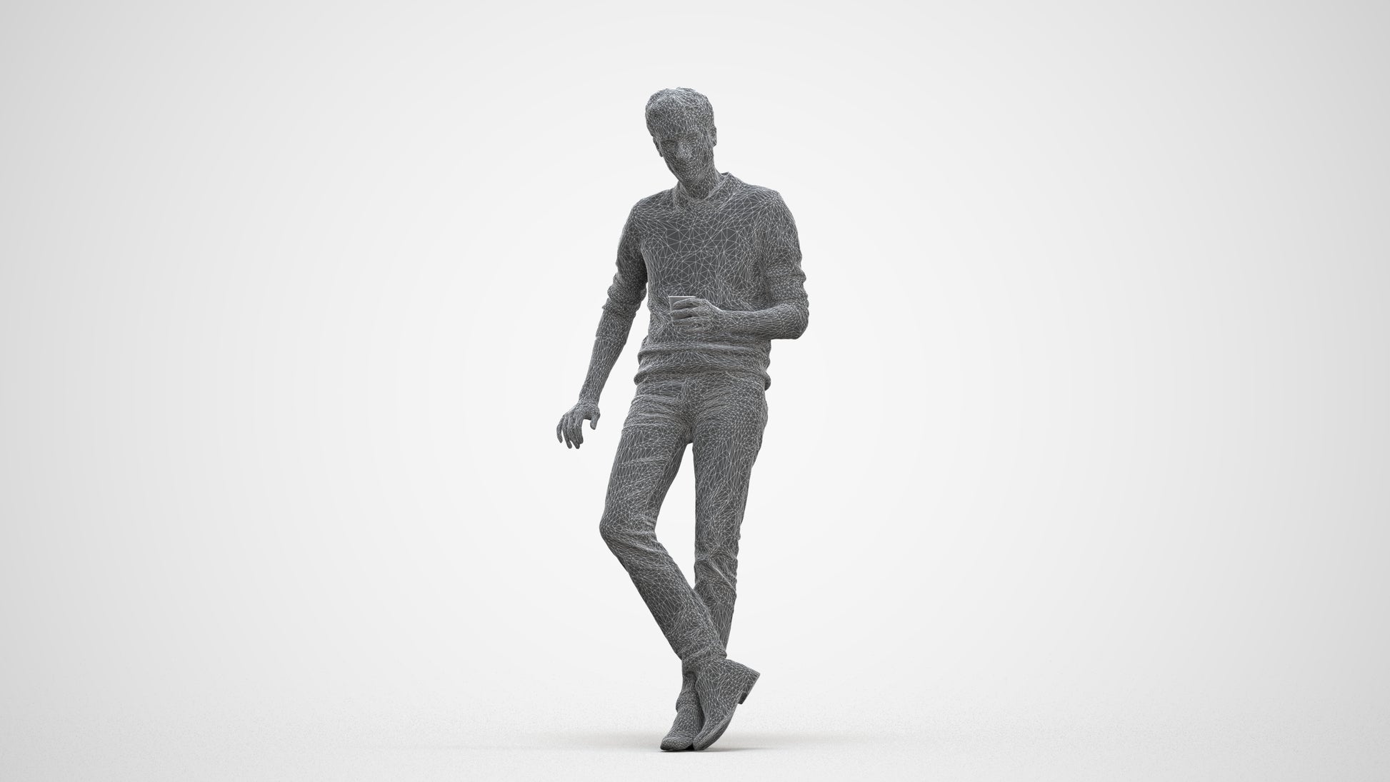realistic 3D human man casual sitting, archviz people FBX OBJ for Blender, three-quarter front view render