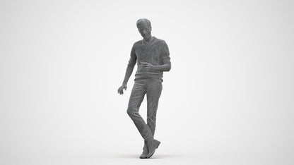 realistic 3D human man casual sitting, archviz people FBX OBJ for Blender, three-quarter front view render