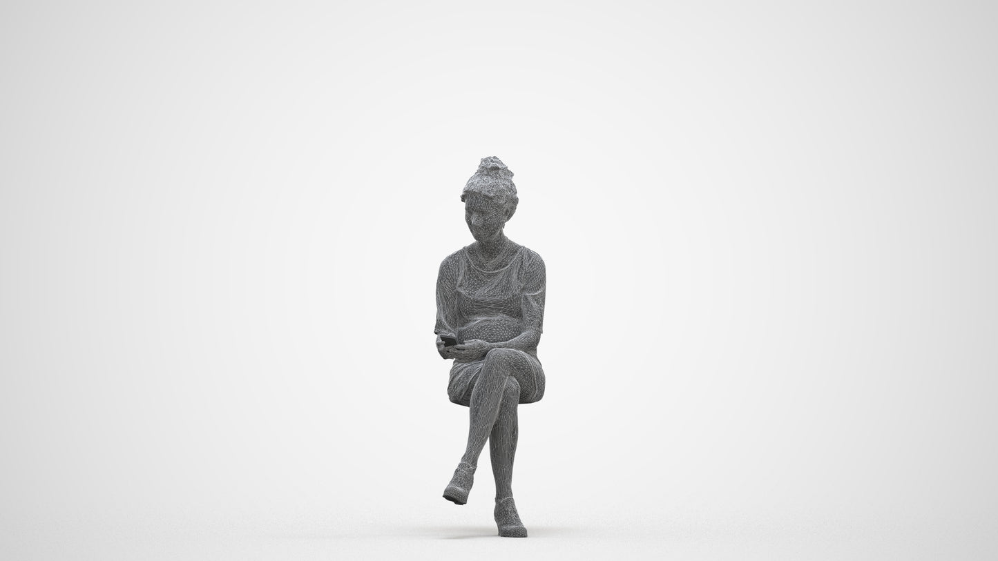 photogrammetry 3D woman casual sitting, realistic human model archviz FBX, three-quarter front view render