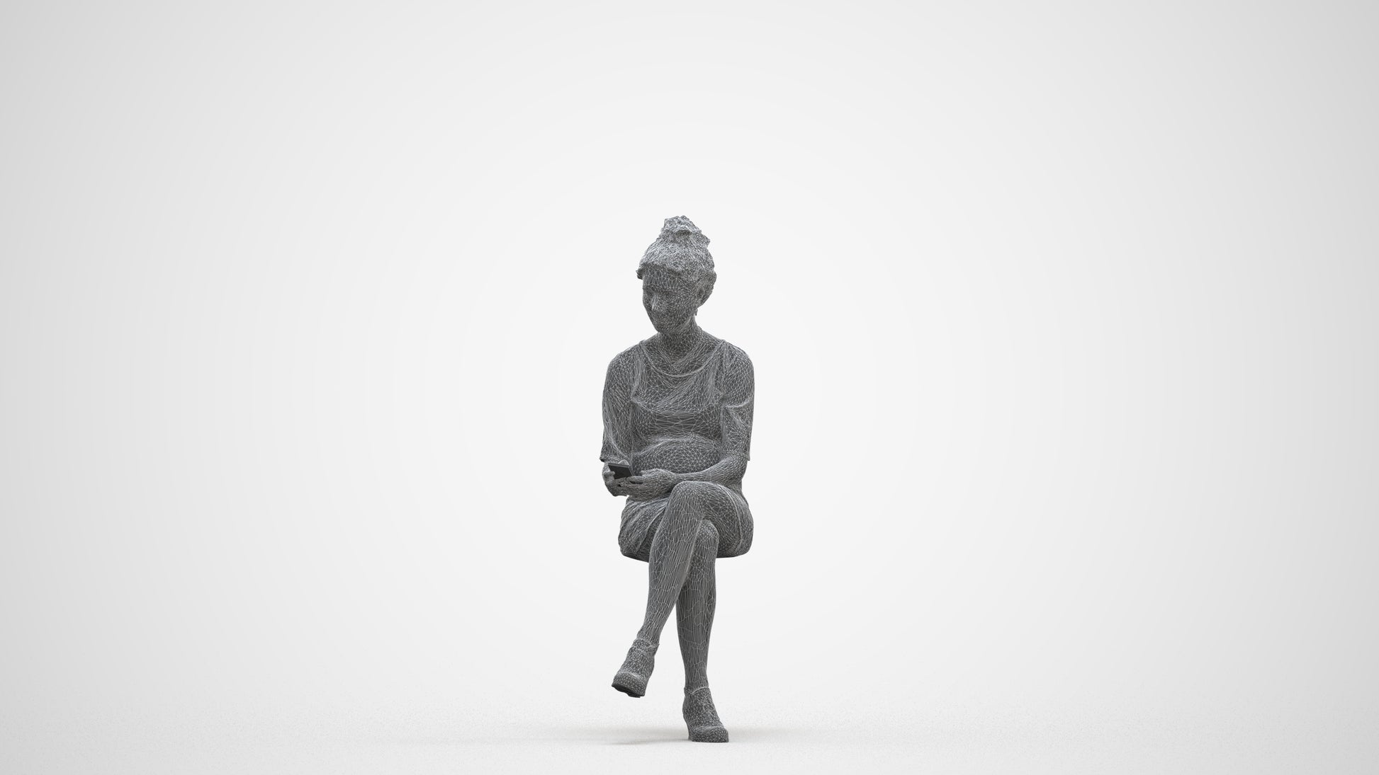 photogrammetry 3D woman casual sitting, realistic human model archviz FBX, three-quarter front view render