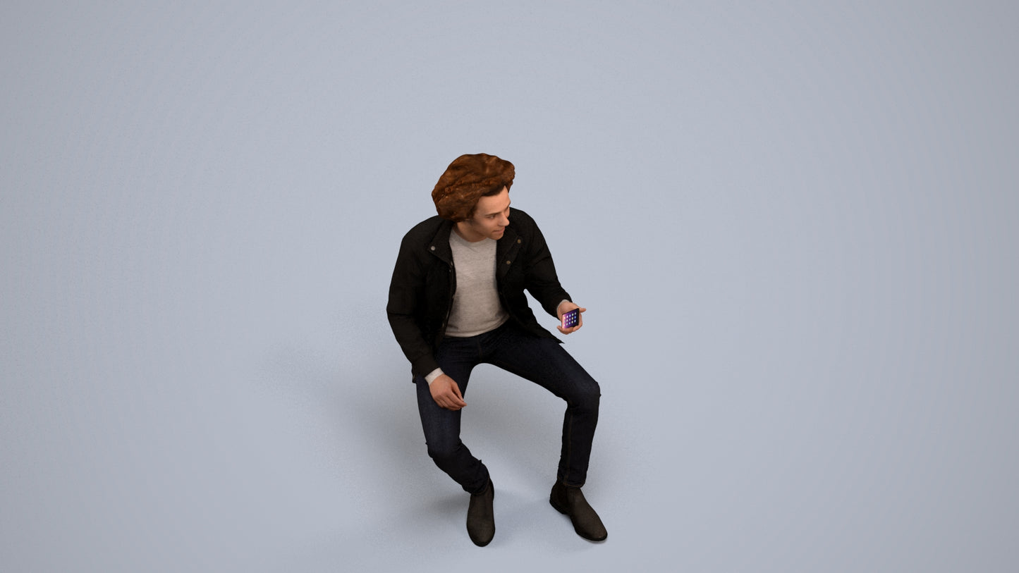 scanned 3D man casual sitting, photogrammetry people for Enscape and V-Ray, back view render