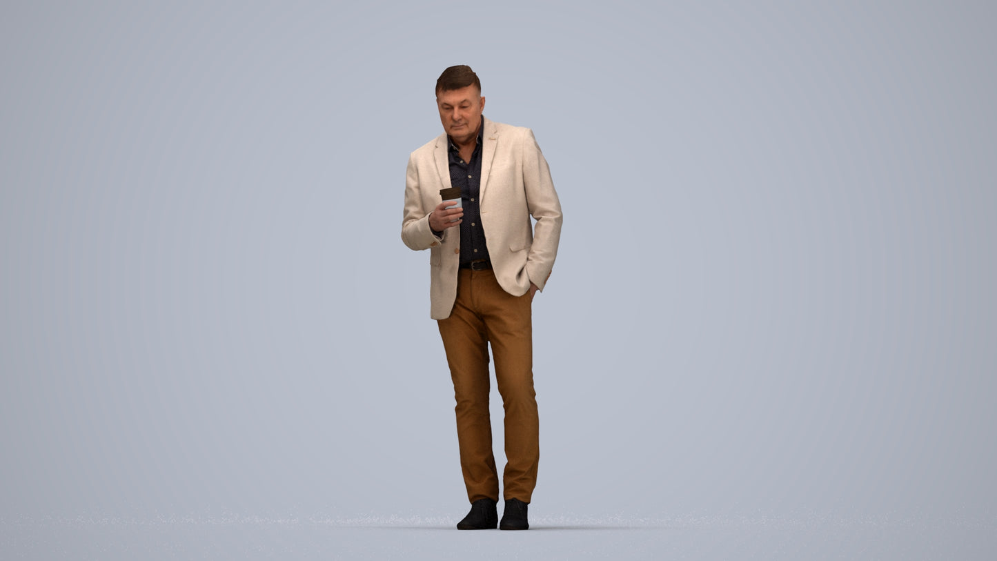 realistic 3D man business walking, scanned archviz people for Blender and 3ds Max, top-down view render