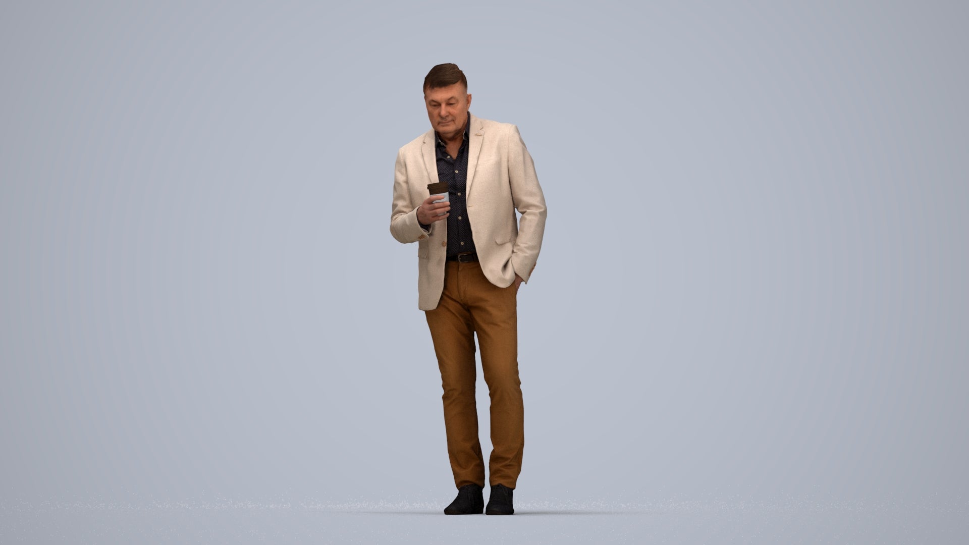 realistic 3D man business walking, scanned archviz people for Blender and 3ds Max, top-down view render