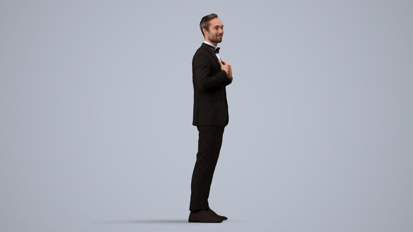 3D human model man formal formalaffairs, photogrammetry scanned person for archviz, side view render