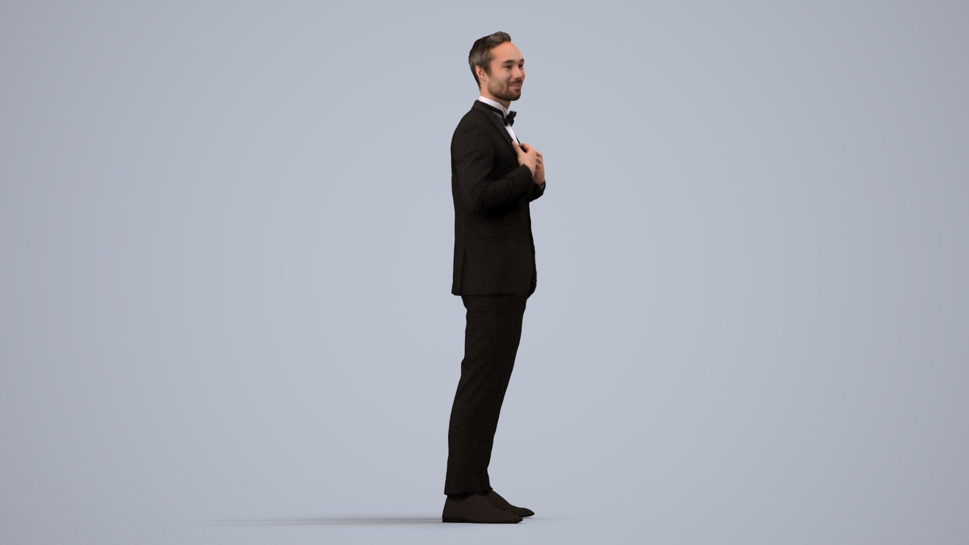 3D human model man formal formalaffairs, photogrammetry scanned person for archviz, side view render