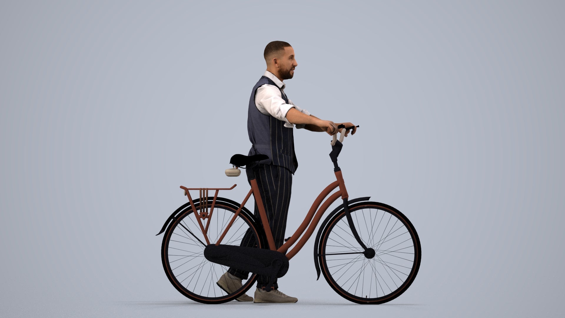 3D human model man business cycling, photogrammetry scanned person for archviz, side view render