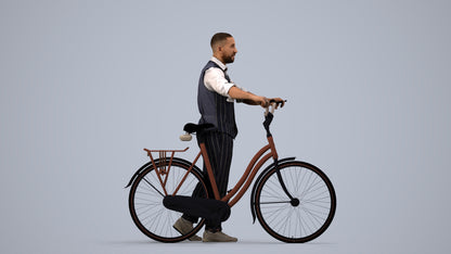 3D human model man business cycling, photogrammetry scanned person for archviz, side view render