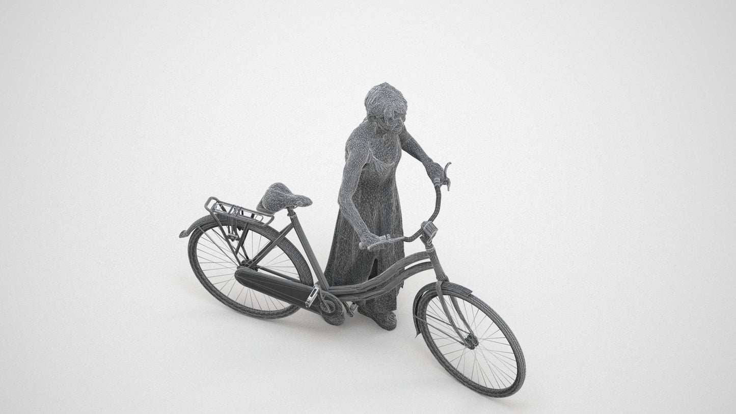 scanned 3D senior woman cycling, photogrammetry people for Enscape and V-Ray, wireframe three-quarter view