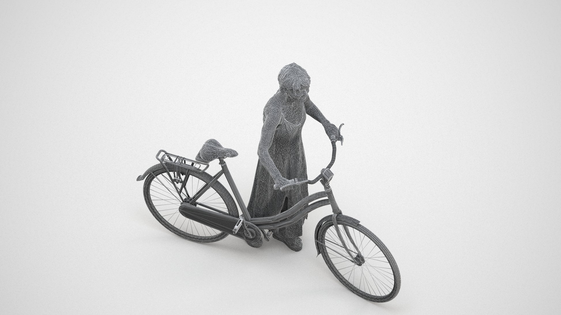 scanned 3D senior woman cycling, photogrammetry people for Enscape and V-Ray, wireframe three-quarter view