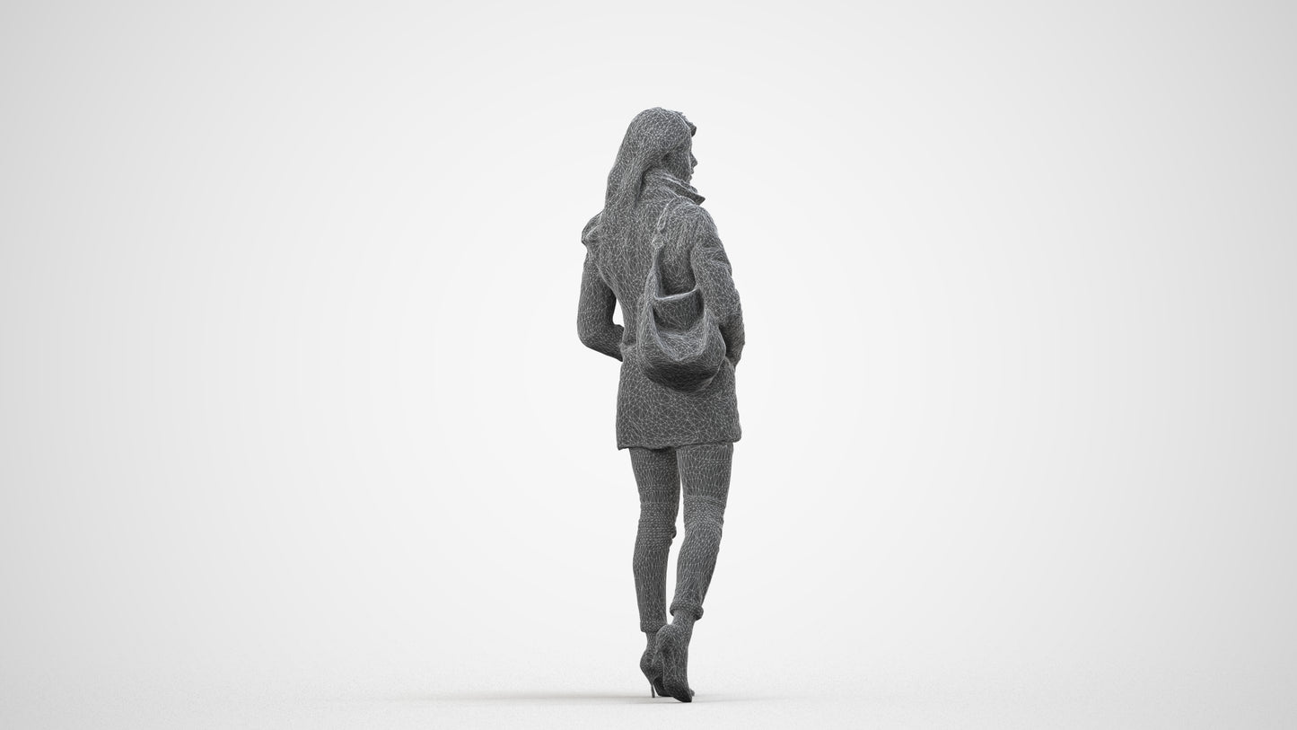 3D people model woman casual walking, scanned human for 3ds Max rendering, wireframe side view