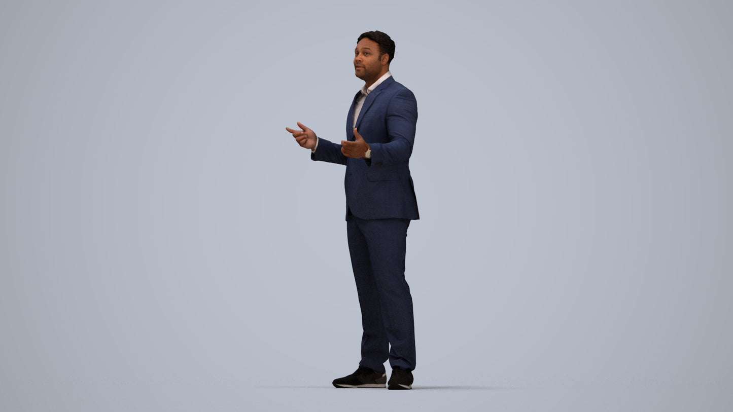 3D human model man business, photogrammetry scanned person for archviz, top-down view render