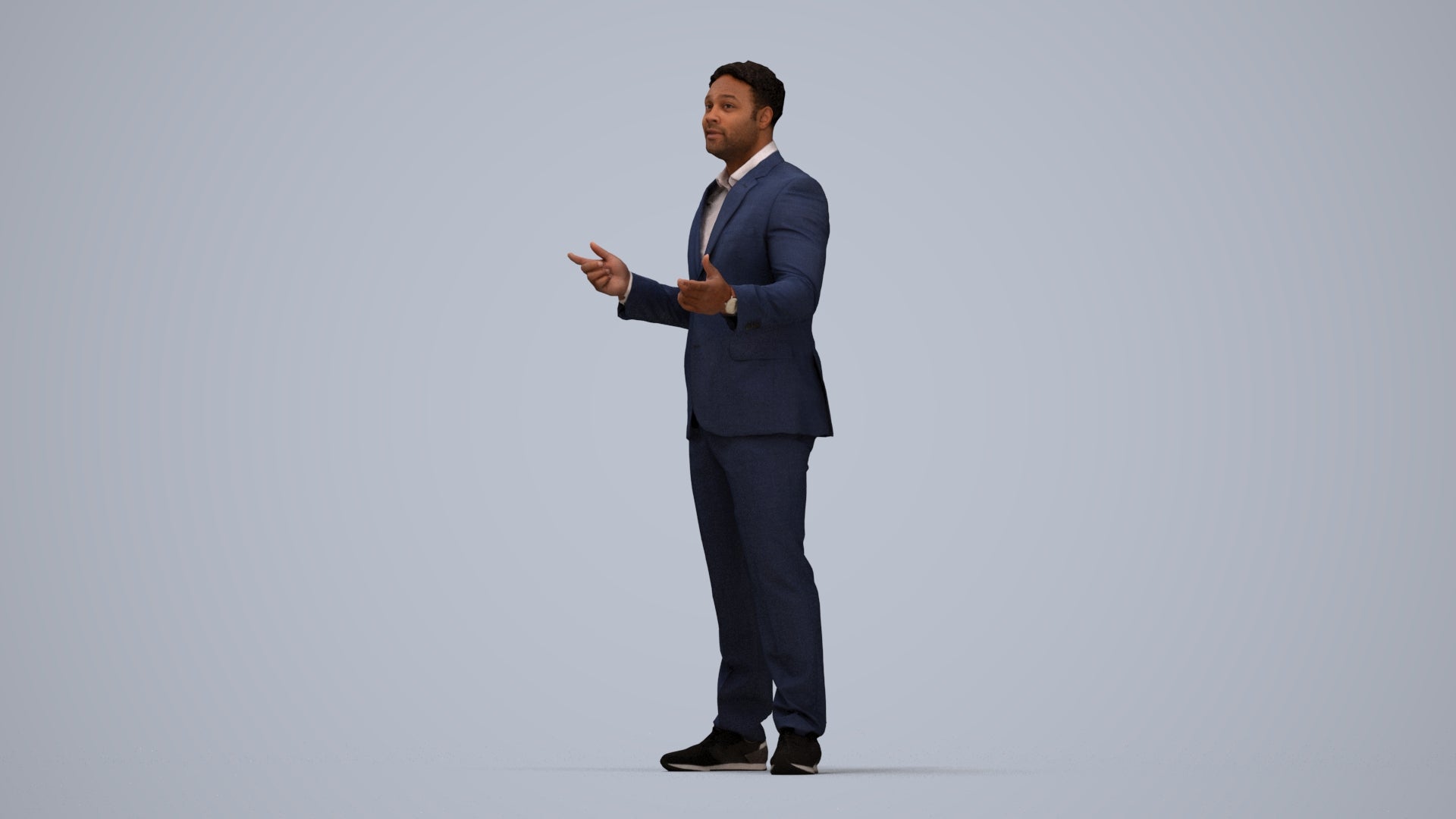 3D human model man business, photogrammetry scanned person for archviz, top-down view render