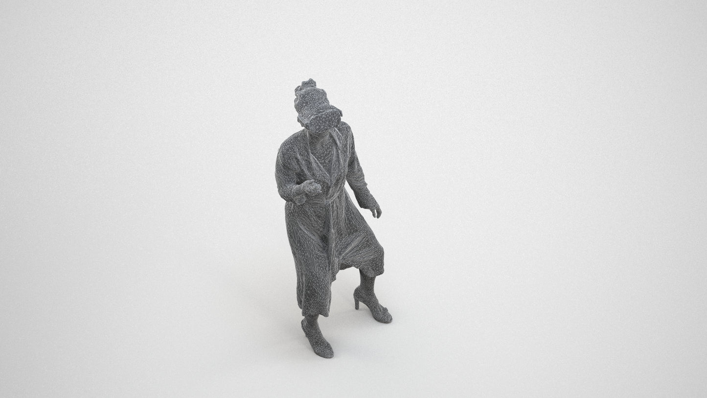 3D human model woman casual standing, photogrammetry scanned person for archviz, wireframe three-quarter view