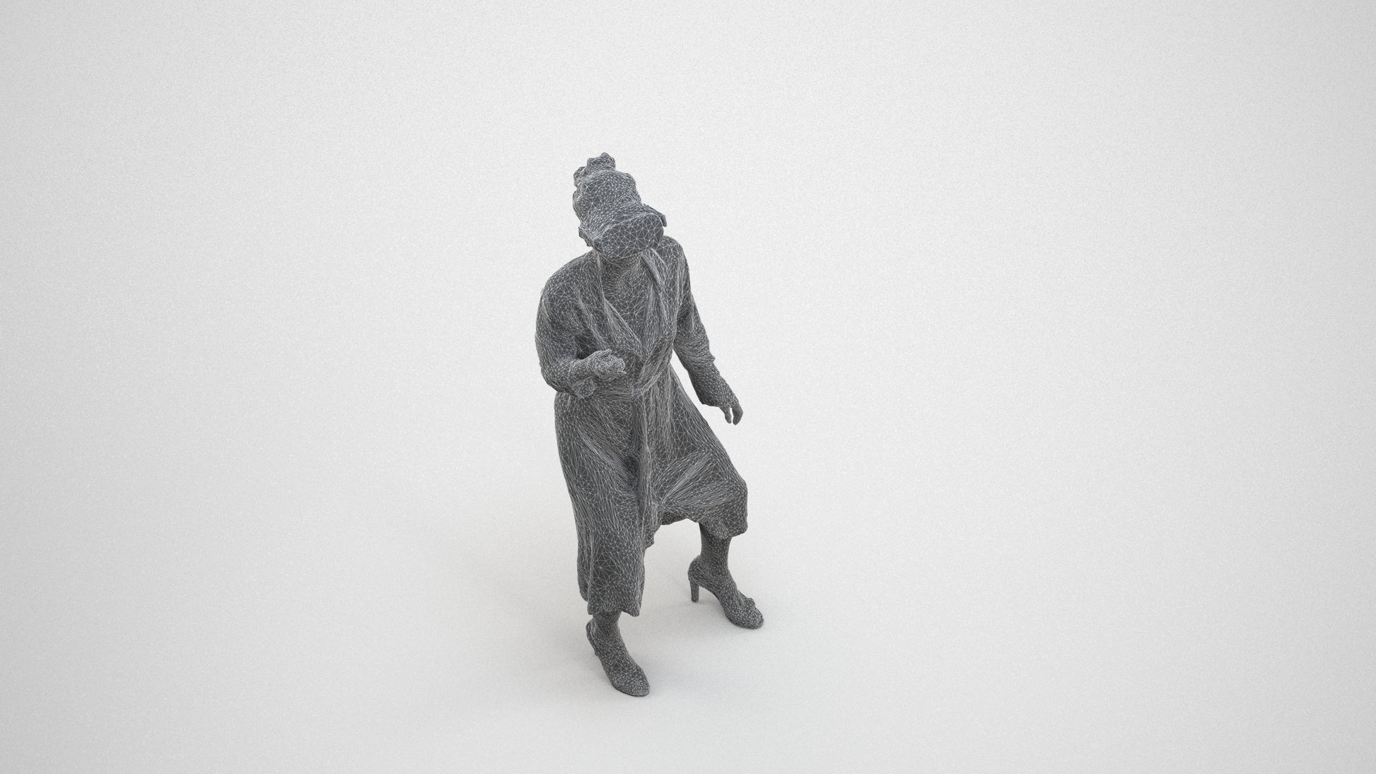 3D human model woman casual standing, photogrammetry scanned person for archviz, wireframe three-quarter view