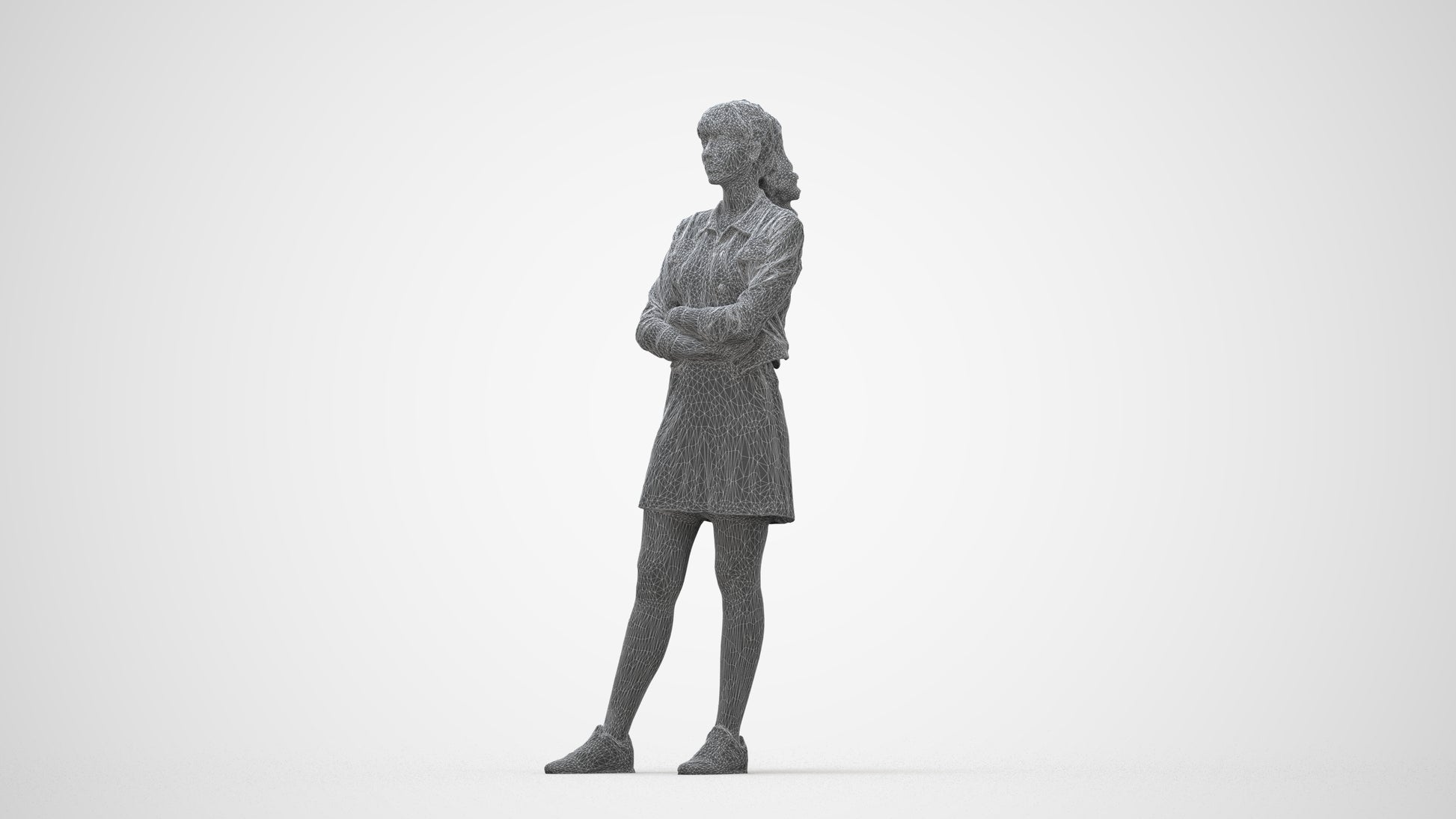 realistic 3D woman casual standing, scanned archviz people for Blender and 3ds Max, wireframe back view
