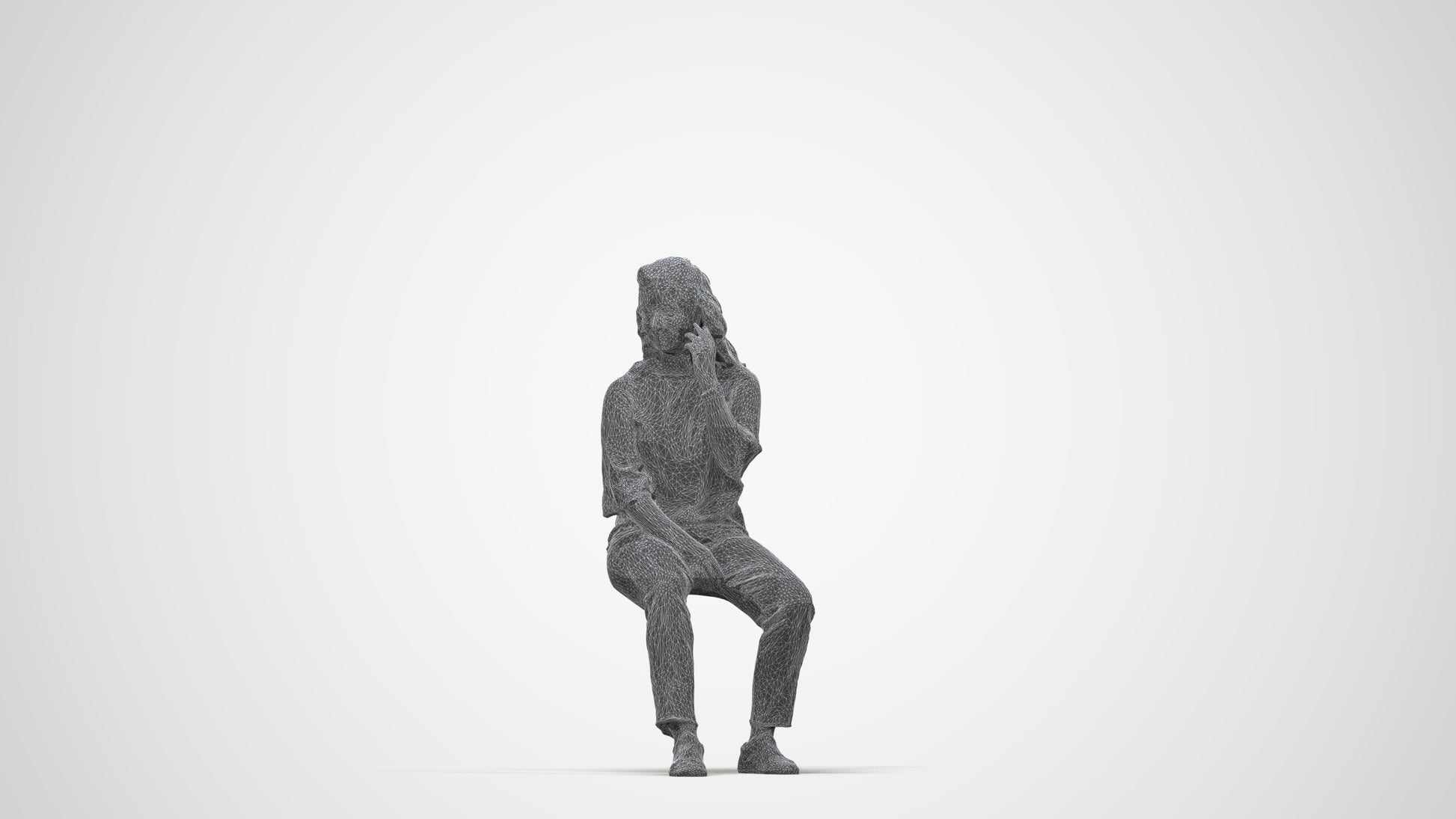 3D people model woman casual sitting, scanned human for 3ds Max rendering, wireframe back view