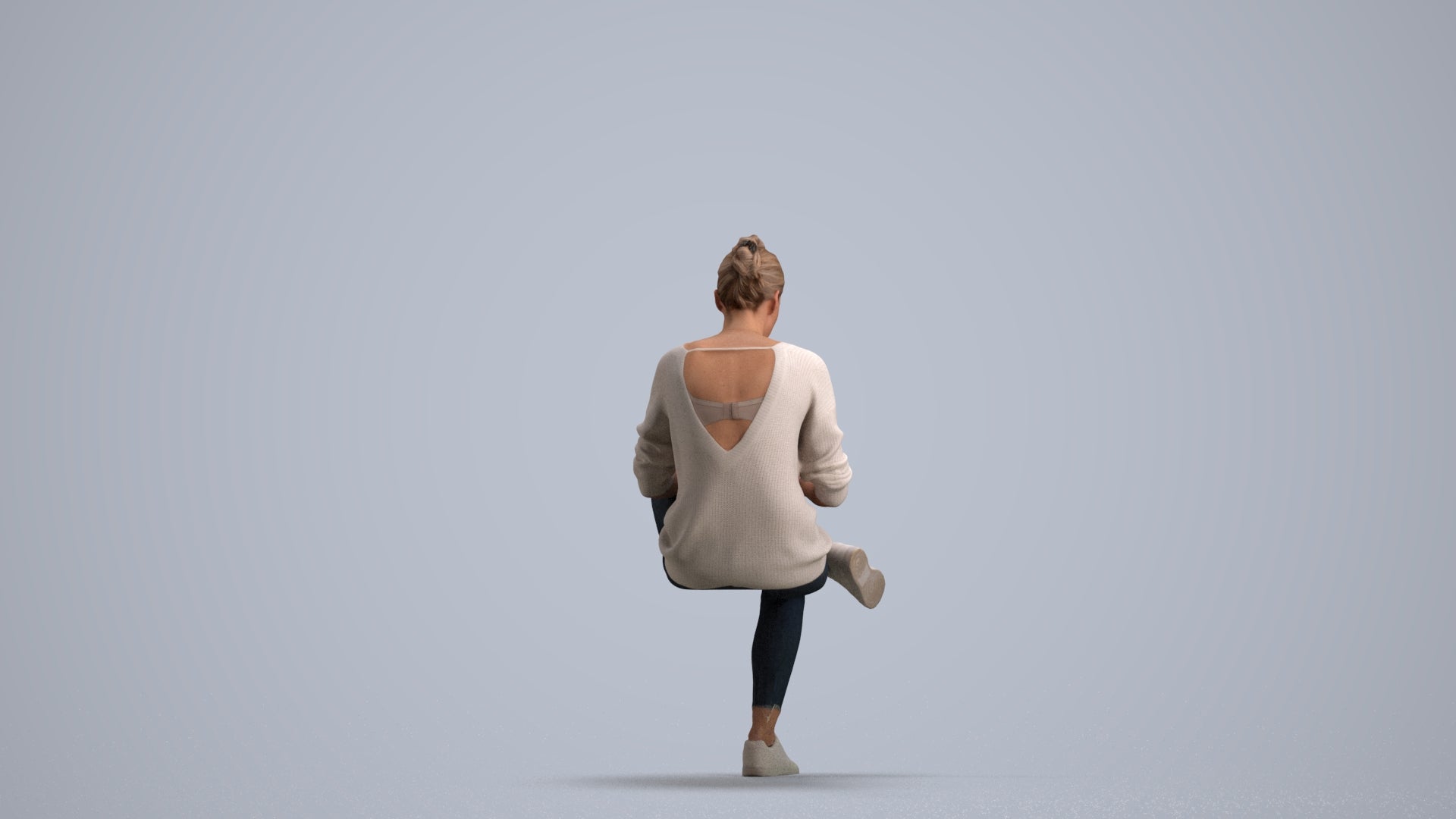 photogrammetry 3D woman casual sitting, realistic human model archviz FBX, front view render