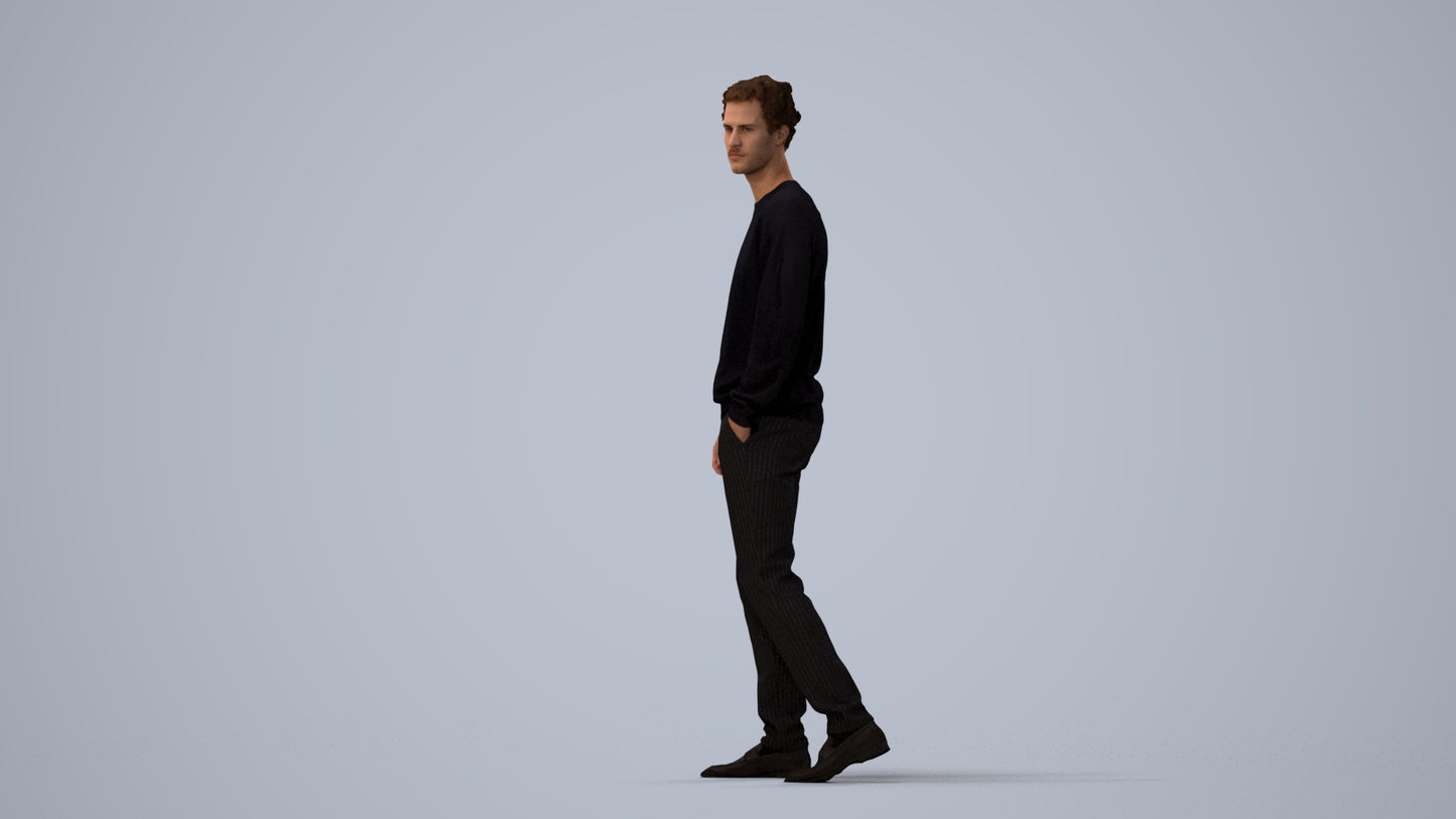 realistic 3D human man casual walking, archviz people FBX OBJ for Blender, three-quarter view render