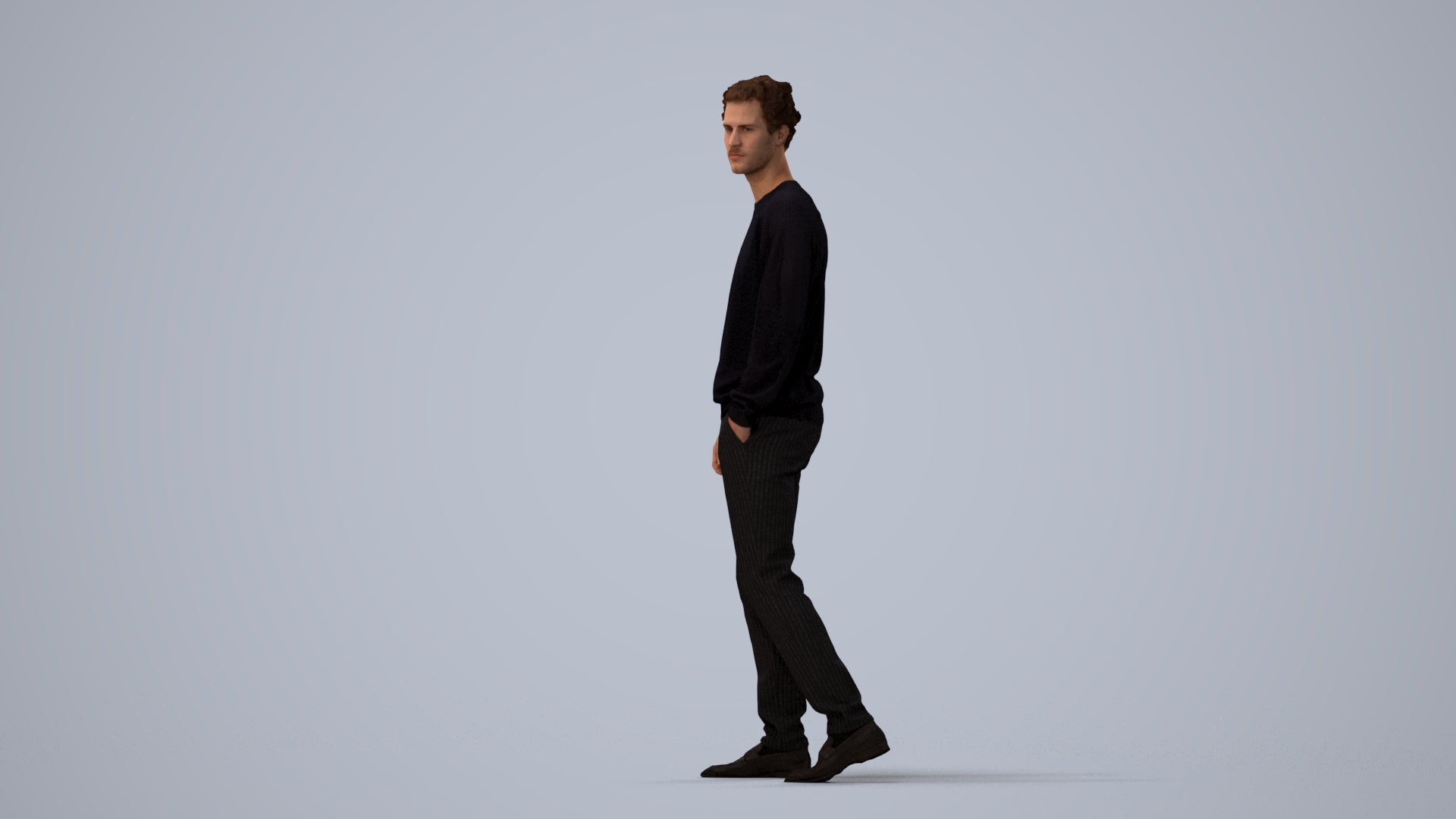 realistic 3D human man casual walking, archviz people FBX OBJ for Blender, three-quarter view render