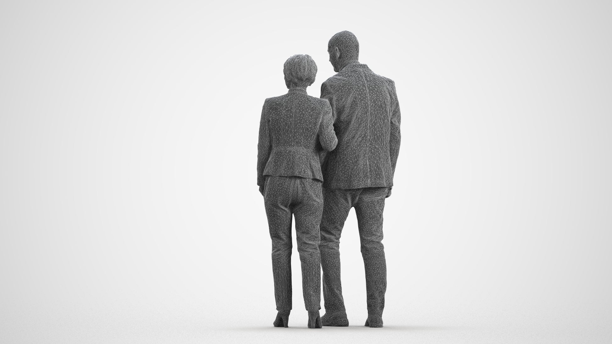 3D human model senior woman business couple, photogrammetry scanned person for archviz, wireframe front view