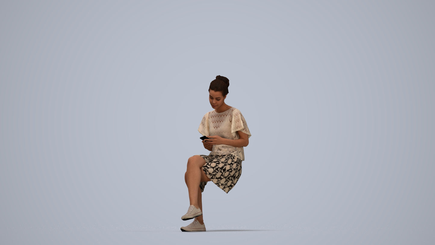 realistic 3D human woman casual sitting, archviz people FBX OBJ for Blender, top-down view render