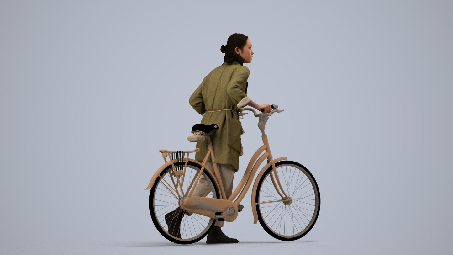 3D human model woman casual cycling, photogrammetry scanned person for archviz, side view render