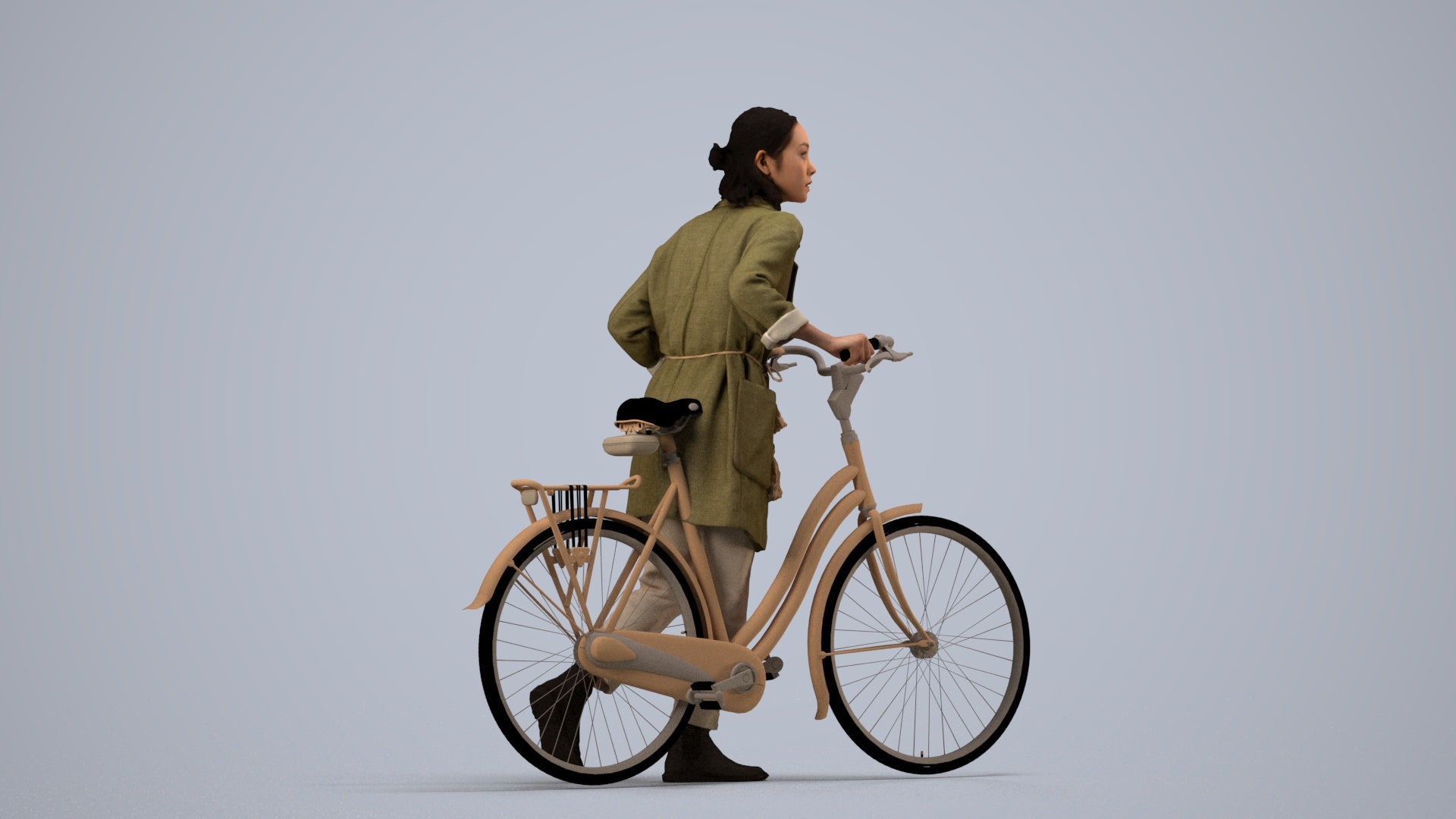 3D human model woman casual cycling, photogrammetry scanned person for archviz, side view render
