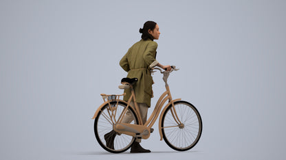 3D human model woman casual cycling, photogrammetry scanned person for archviz, side view render