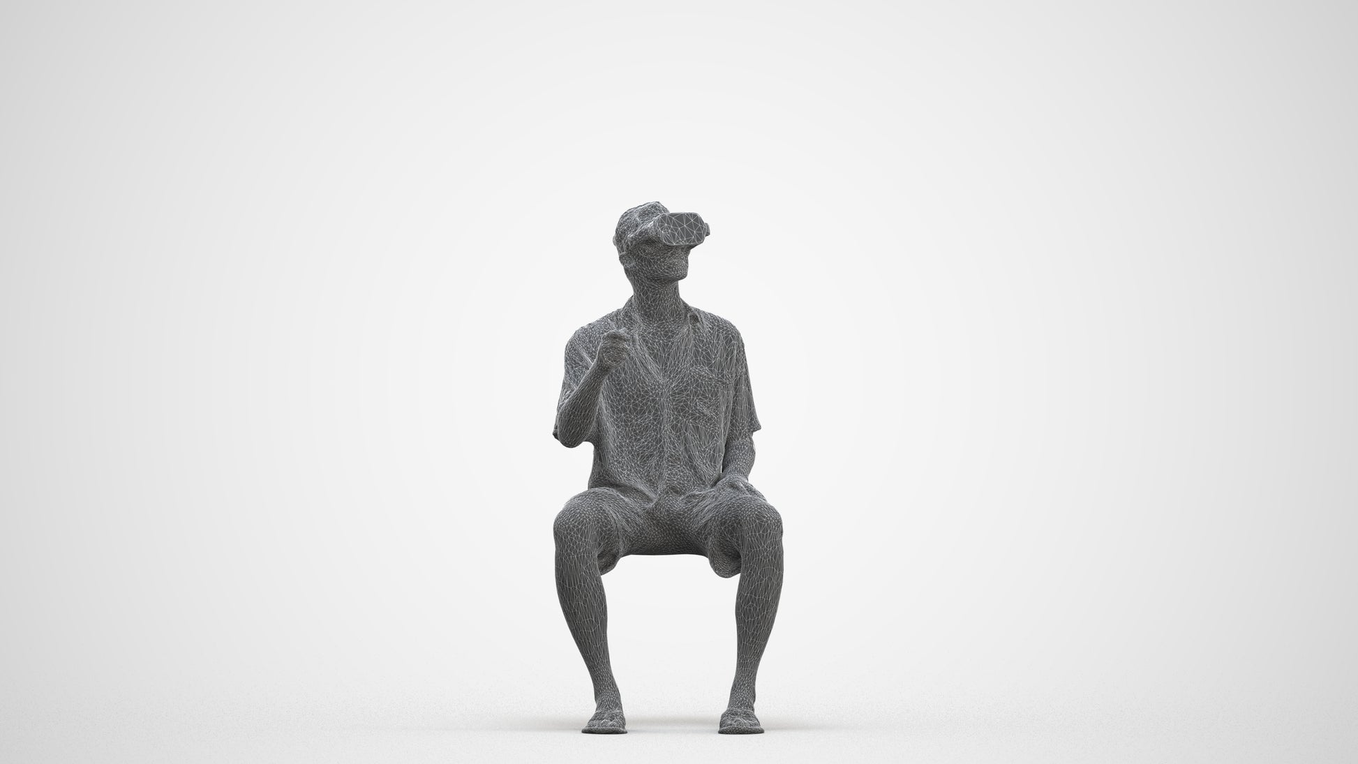 3D human model man casual sitting, photogrammetry scanned person for archviz, three-quarter front view render