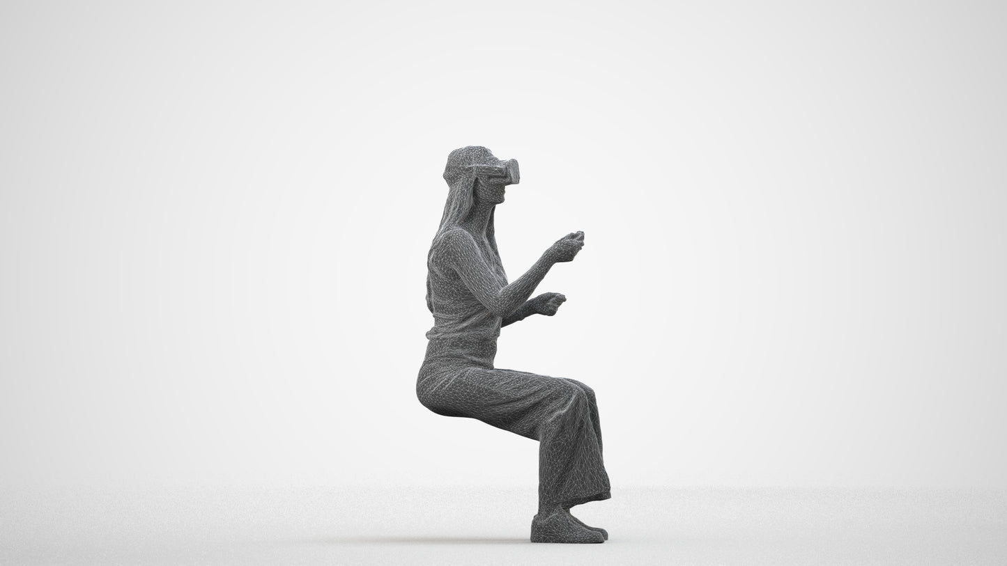 photogrammetry 3D woman casual sitting, realistic human model archviz FBX, wireframe side view