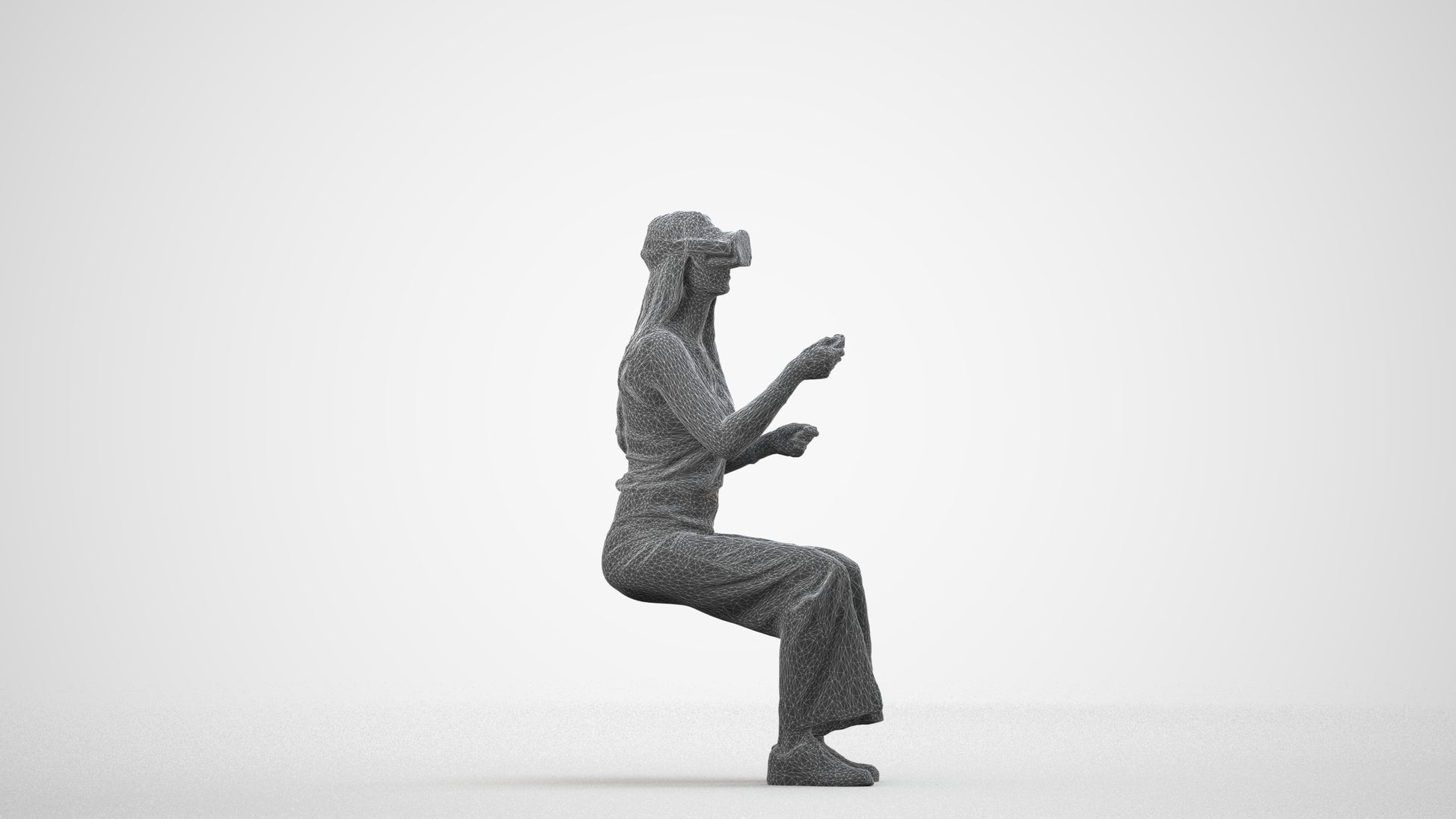 photogrammetry 3D woman casual sitting, realistic human model archviz FBX, wireframe side view