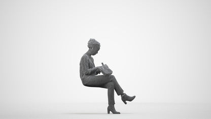realistic 3D human woman casual sitting, archviz people FBX OBJ for Blender, wireframe side view