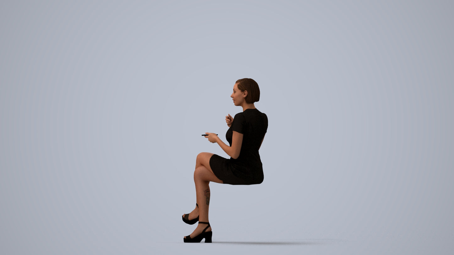 realistic 3D people woman business sitting, render-ready for V-Ray and Corona, FBX OBJ, three-quarter view render