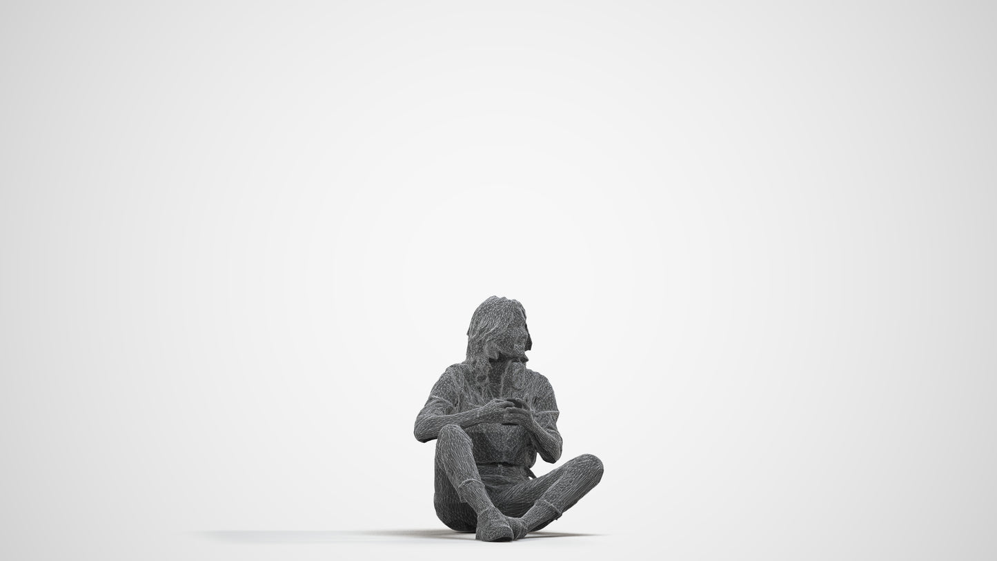 3D human model woman casual sitting, photogrammetry scanned person for archviz, wireframe side view