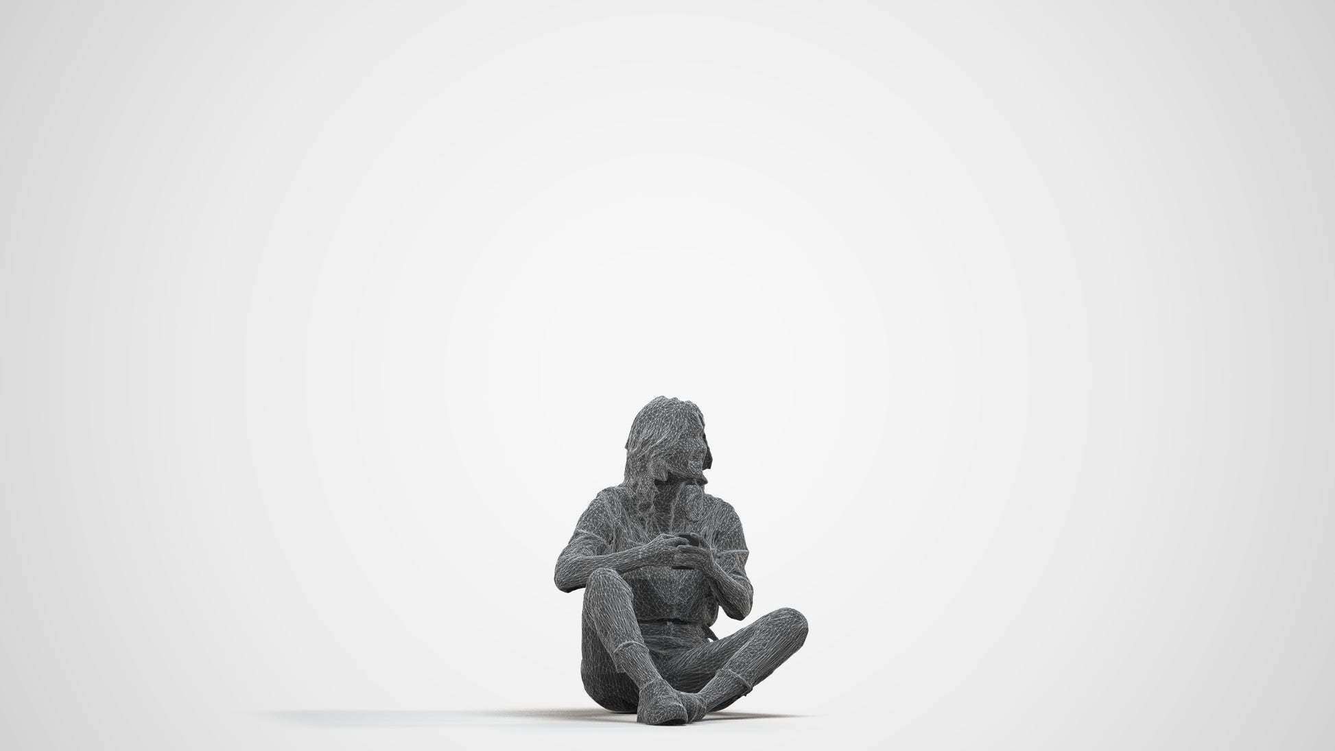 3D human model woman casual sitting, photogrammetry scanned person for archviz, wireframe side view