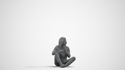 3D human model woman casual sitting, photogrammetry scanned person for archviz, wireframe side view