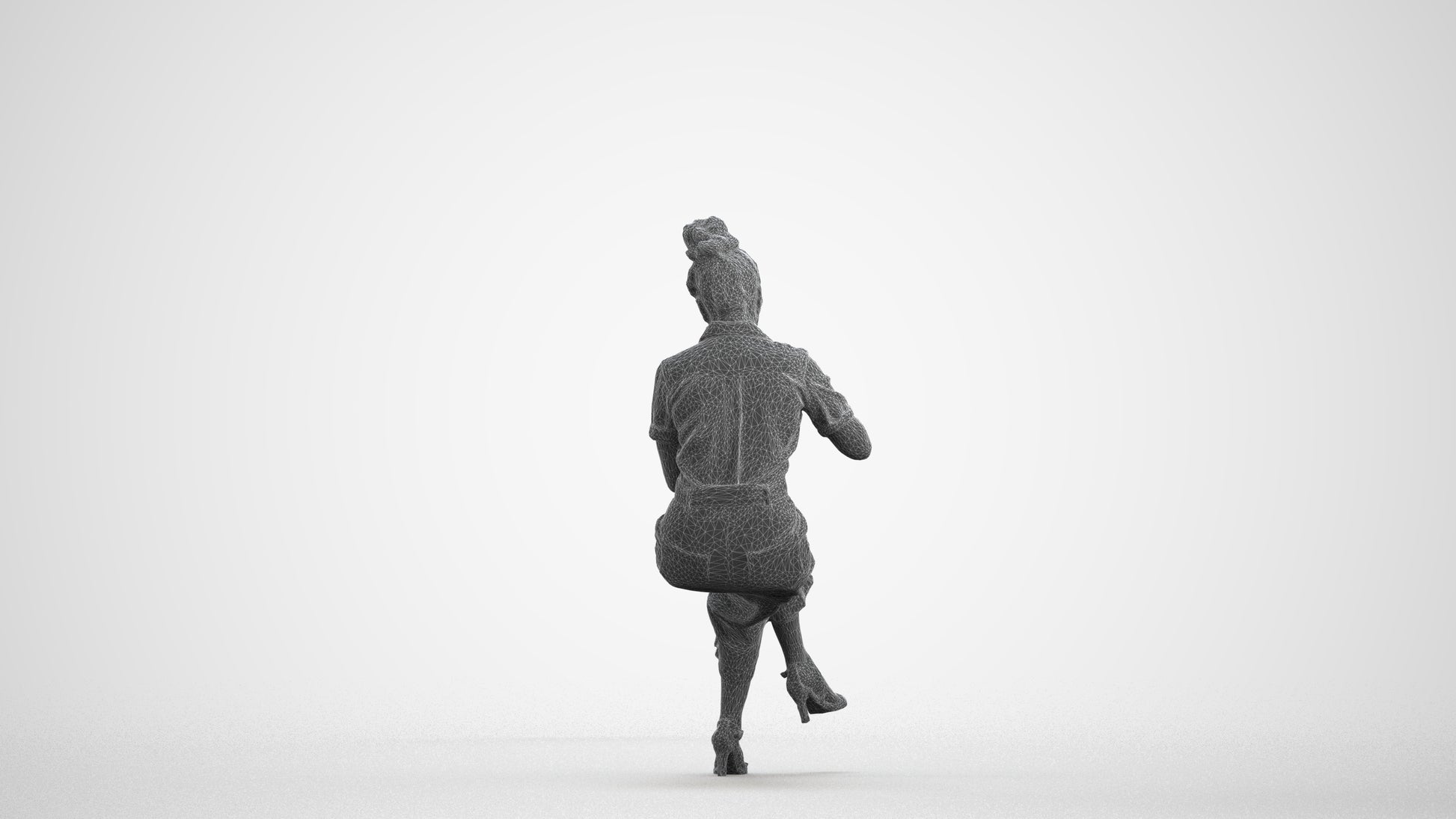 photogrammetry 3D woman formal sitting, realistic human model archviz FBX, wireframe front view