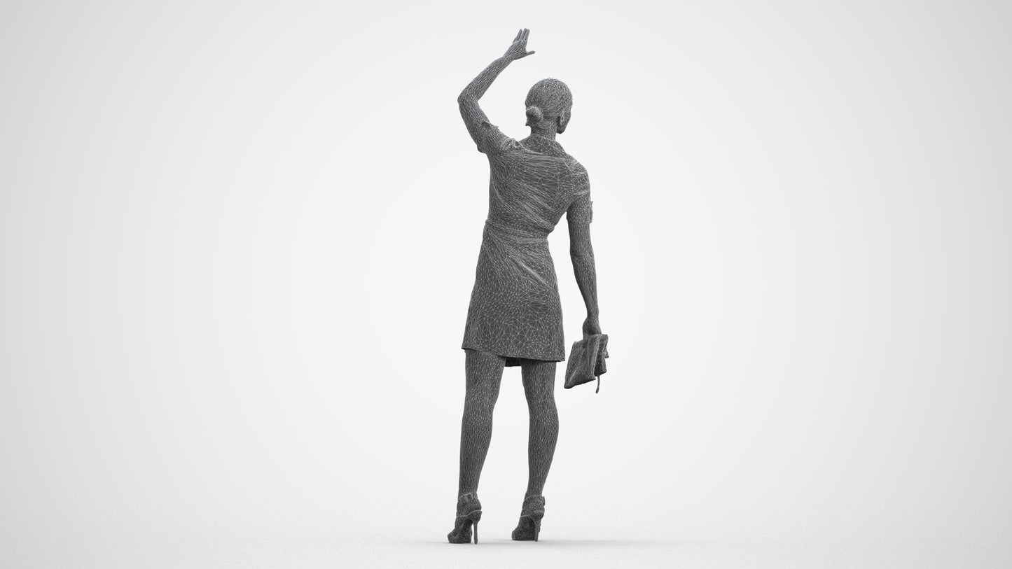 3D scanned woman standing business, photorealistic archviz people for Enscape and SketchUp, wireframe front view