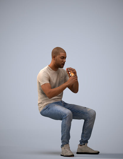 3D human model man casual sitting, photogrammetry scanned person for archviz