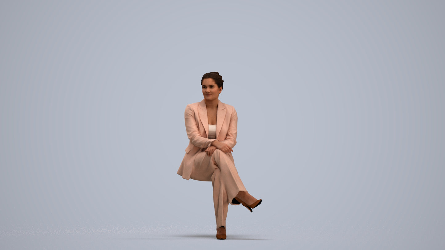 3D human model woman business sitting, photogrammetry scanned person for archviz, standing pose render