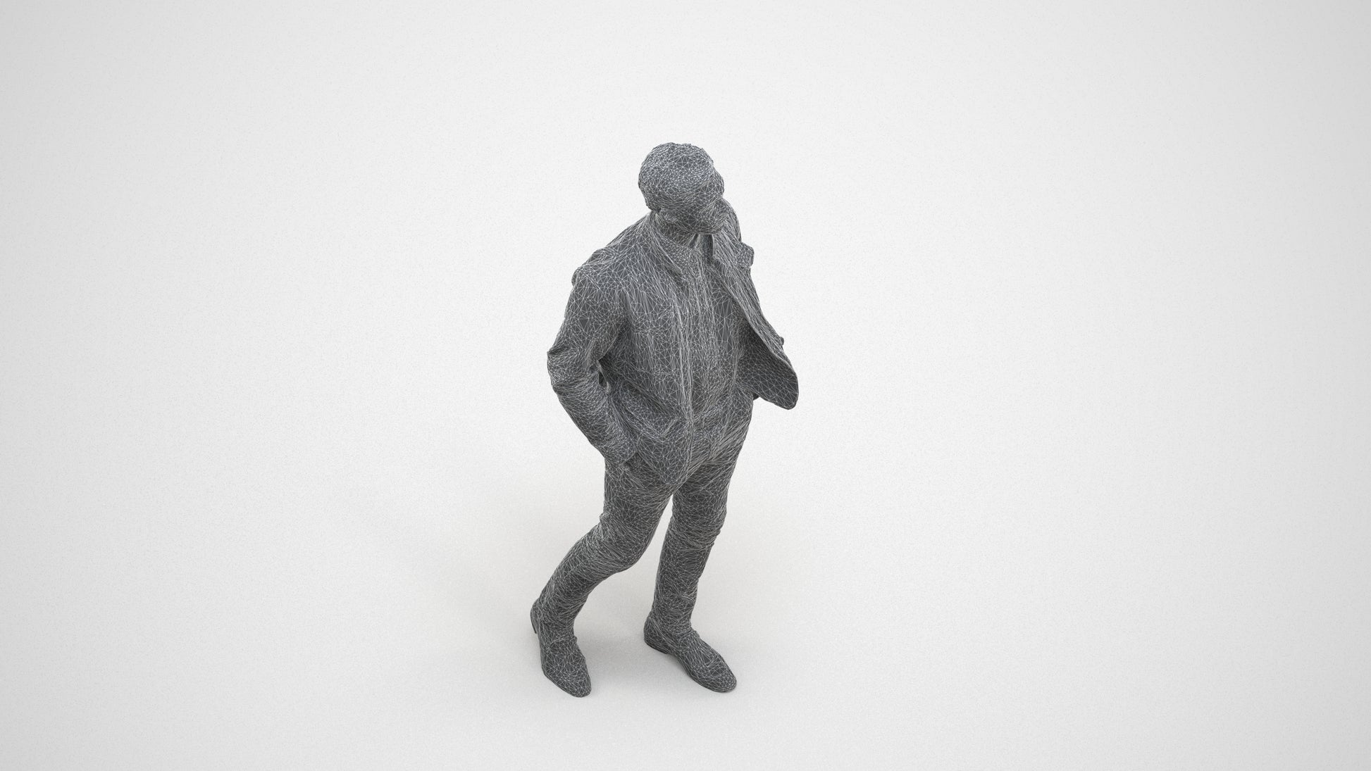 3D human model man casual walking, photogrammetry scanned person for archviz, wireframe three-quarter view
