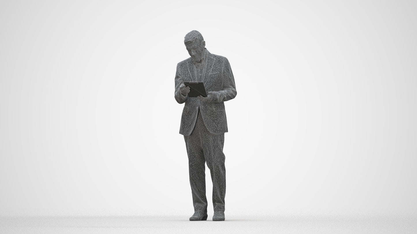 3D scanned senior man business, photorealistic archviz people for Enscape and SketchUp, wireframe back view