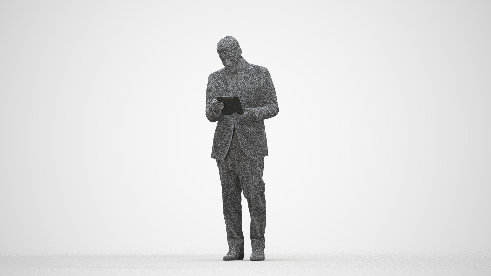 3D scanned senior man business, photorealistic archviz people for Enscape and SketchUp, wireframe back view