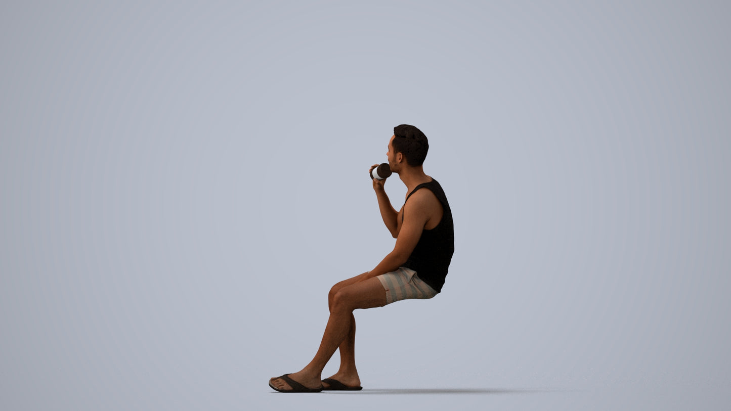 scanned 3D man casual sitting, photogrammetry people for Enscape and V-Ray, three-quarter view render